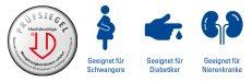 Icon geeignet für Schwangere, Diabetiker und nierenkranke Personen, mit einem Prüfsiegel.