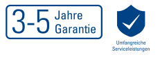 Ein blauer Kasten mit der Innenschrift '3-5 Jahre Garantie'. Daneben ein Schild mit einem Haken, und darunter steht 'Umfangreiche Serviceleistungen'