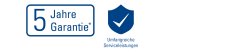 Ein blauer Kasten mit der Innenschrift '3-5 Jahre Garantie'. Daneben ein Schild mit einem Haken, und darunter steht 'Umfangreiche Serviceleistungen'