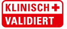 Roter Kasten mit dem weißen Schriftzug 'Klinisch' daneben ein rotes Kreuz und darunter der Schriftzug 'Validiert'