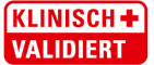 Roter Kasten mit dem weißen Schriftzug 'Klinisch' daneben ein rotes Kreuz und darunter der Schriftzug 'Validiert'