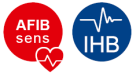 Icon Roter Kreis mit 'AFIB sens' und einem Herz, sowie ein blauer Kreis mit 'IHB' und einem Herzschlag.