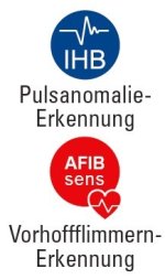 Pulsanomalie IHB in Blau und Vorhofflimmernerkennung AFIB Sens in Rot mit einem Herzen.