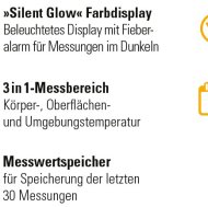 Icon: Messexaktheit, Auto-Off, einstellbarer Signalton, Farbdisplay, 3-in-1-Messbereich, Messwertspeicher, Check-up, Einstellen von Datum und Uhrzeit.