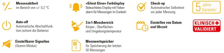 Icon: Messexaktheit, Auto-Off, einstellbarer Signalton, Farbdisplay, 3-in-1-Messbereich, Messwertspeicher, Check-up, Einstellen von Datum und Uhrzeit.